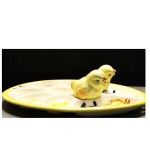 Vintage Deviled Egg Tray Ceramic Chicks Yellow Rim Easter Serving Plate”